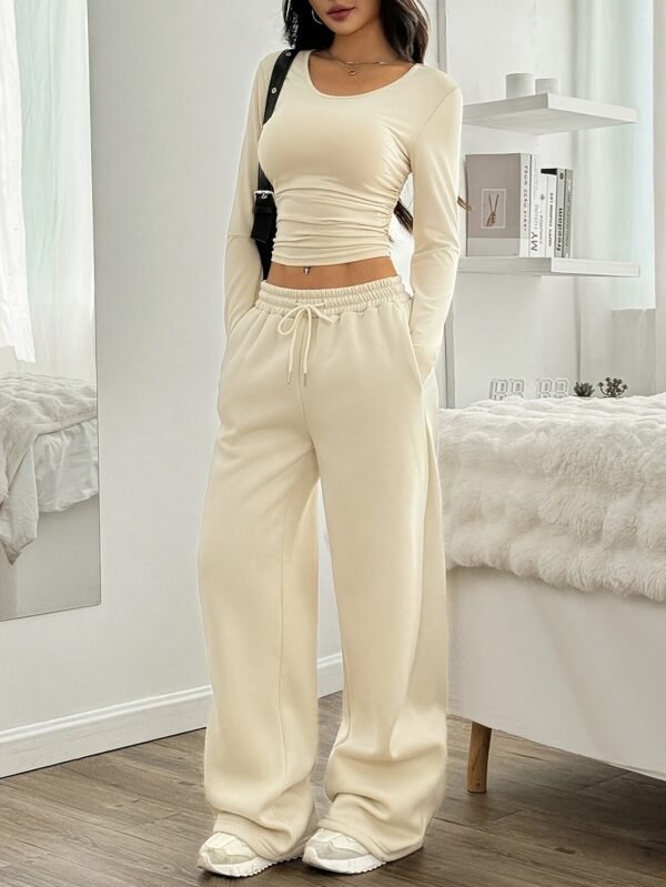 Estilo Primavera y Otoño Dos Piezas de Mujer Casual de Color Sólido Plisado Cuello Redondo Camiseta Corta y Pantalones de Cintura Ancha con Cuerda. - Imagen 6
