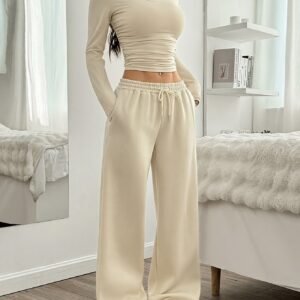 Estilo Primavera y Otoño Dos Piezas de Mujer Casual de Color Sólido Plisado Cuello Redondo Camiseta Corta y Pantalones de Cintura Ancha con Cuerda.
