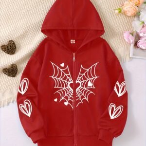 Sudadera con capucha para niñas de primavera, patrón de dibujos animados casual, tejido de punto de poliéster de manga larga, ligero estiramiento, manga regular, sin forro - Abrigo de ajuste H para la temporada de primavera