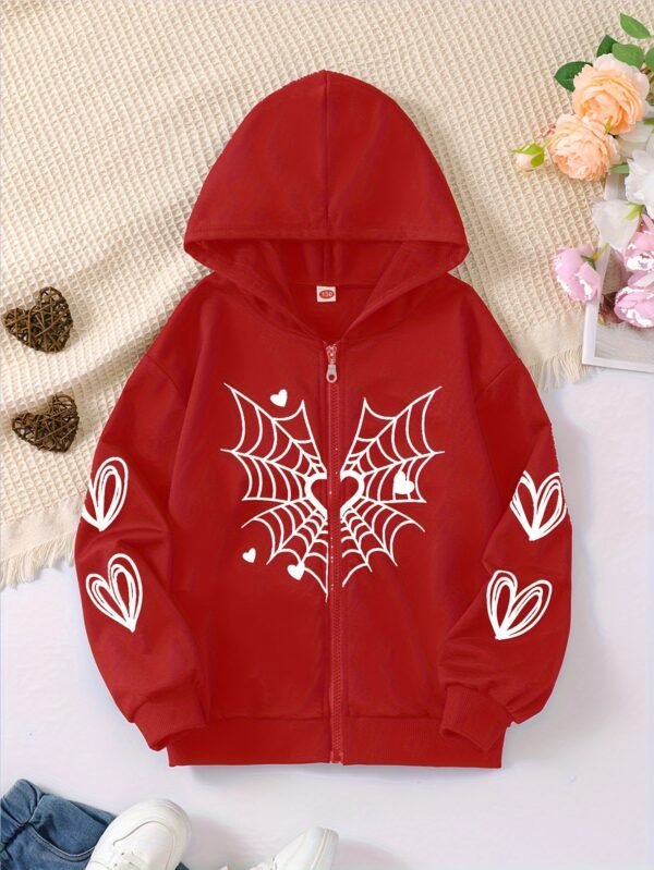 Sudadera con capucha para niñas de primavera, patrón de dibujos animados casual, tejido de punto de poliéster de manga larga, ligero estiramiento, manga regular, sin forro - Abrigo de ajuste H para la temporada de primavera